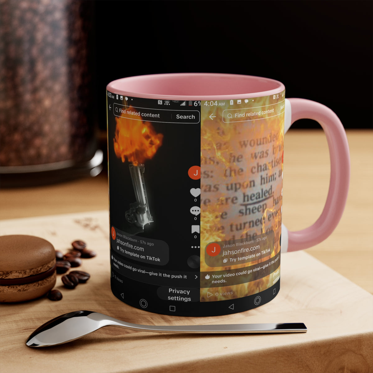 Pink Accent Mug with Fiery Lighter & Script Collage – Artistic Photo Wrap Coffee Cup