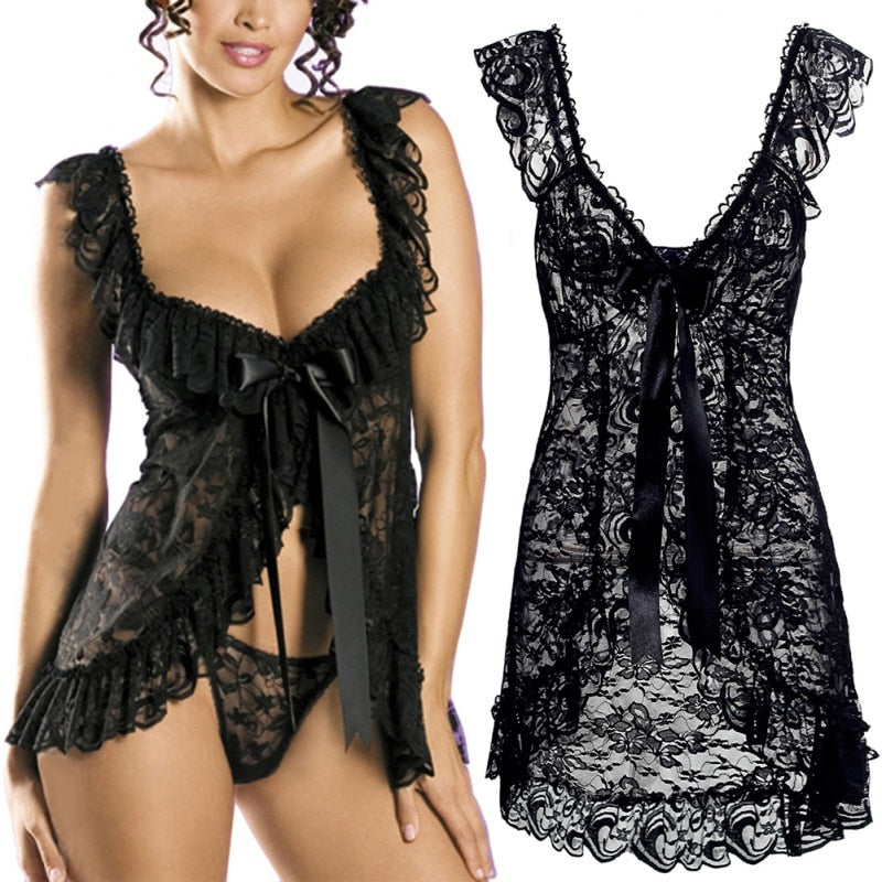 Plus Size Lace Lingerie Set with Sheer Nightgown JahSonFire