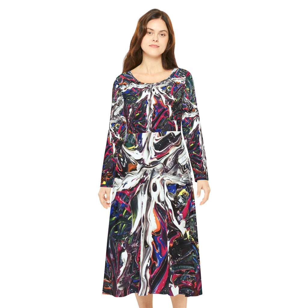 Abstract Swirl Long-Sleeve Dance Dress – Vibrant All-Over Print
