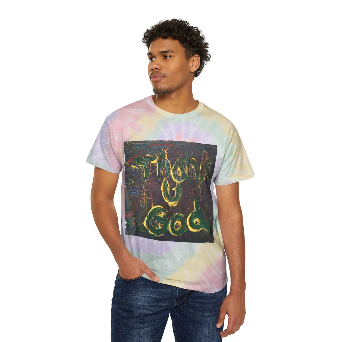 Tie-Dye Spiral Tee - "Thank God" Retro Pastel Graphic T-Shirt