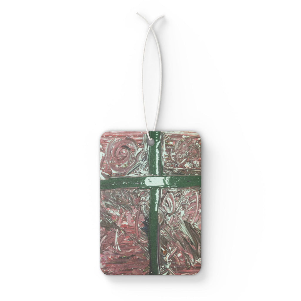 Car Air Freshener — Abstract Rose Swirl with Green Cross Design