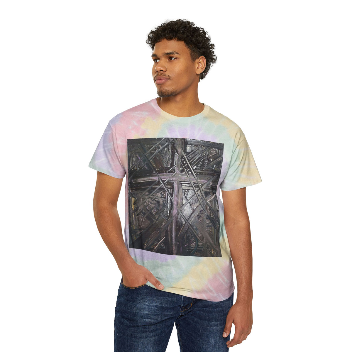 Pastel Spiral Tie-Dye Tee with Abstract Black Cross Artwork