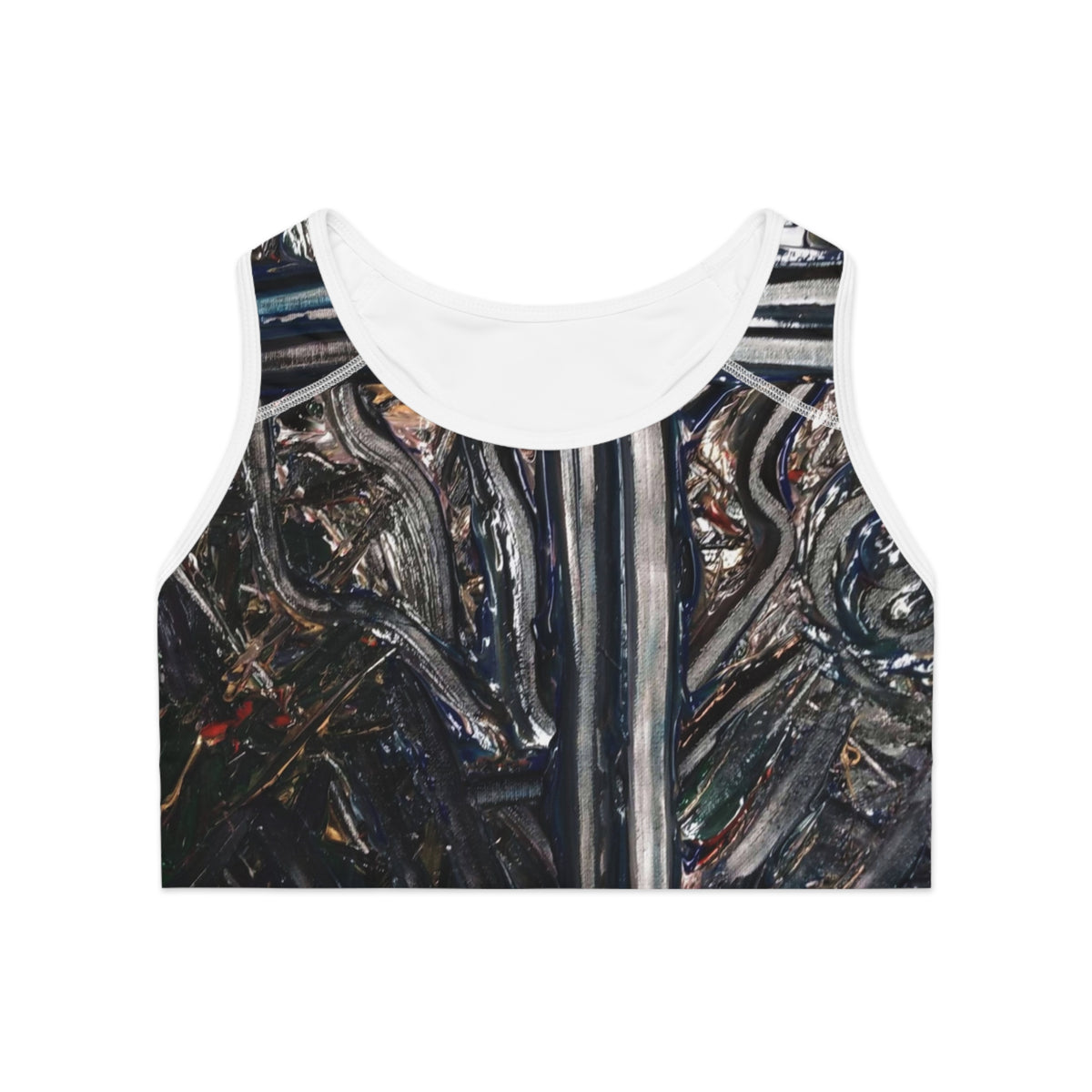 Abstract Metal Texture Sports Bra — Industrial Grunge AOP Activewear