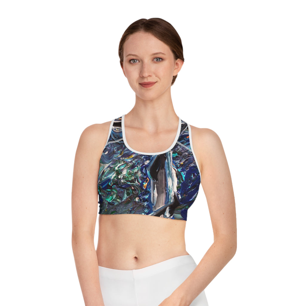 Abstract Ocean Paint Sports Bra — Blue Green Textured All-Over-Print Activewear