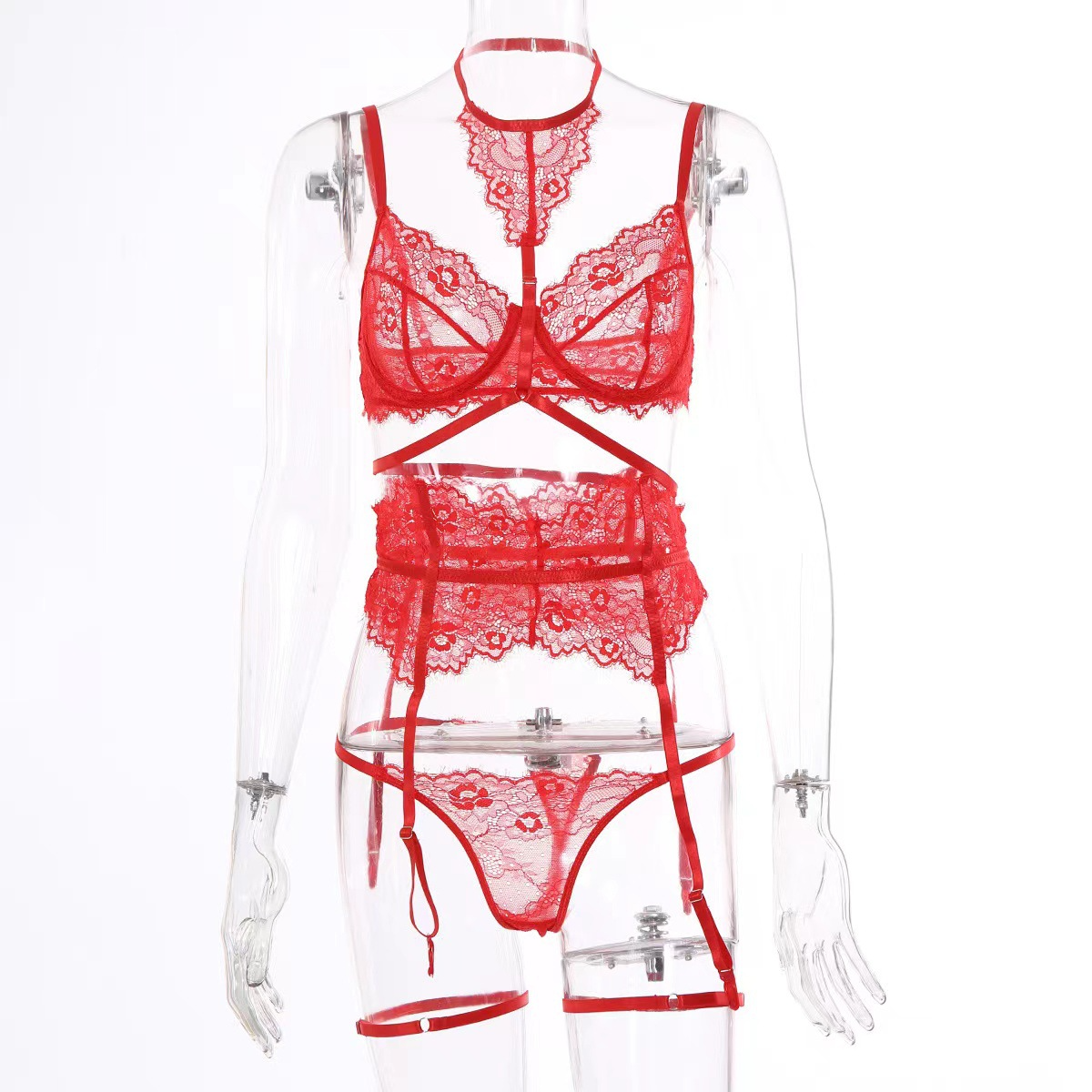 Women's Halter Garter Lingerie Set in Red Lace Suspender Belt
