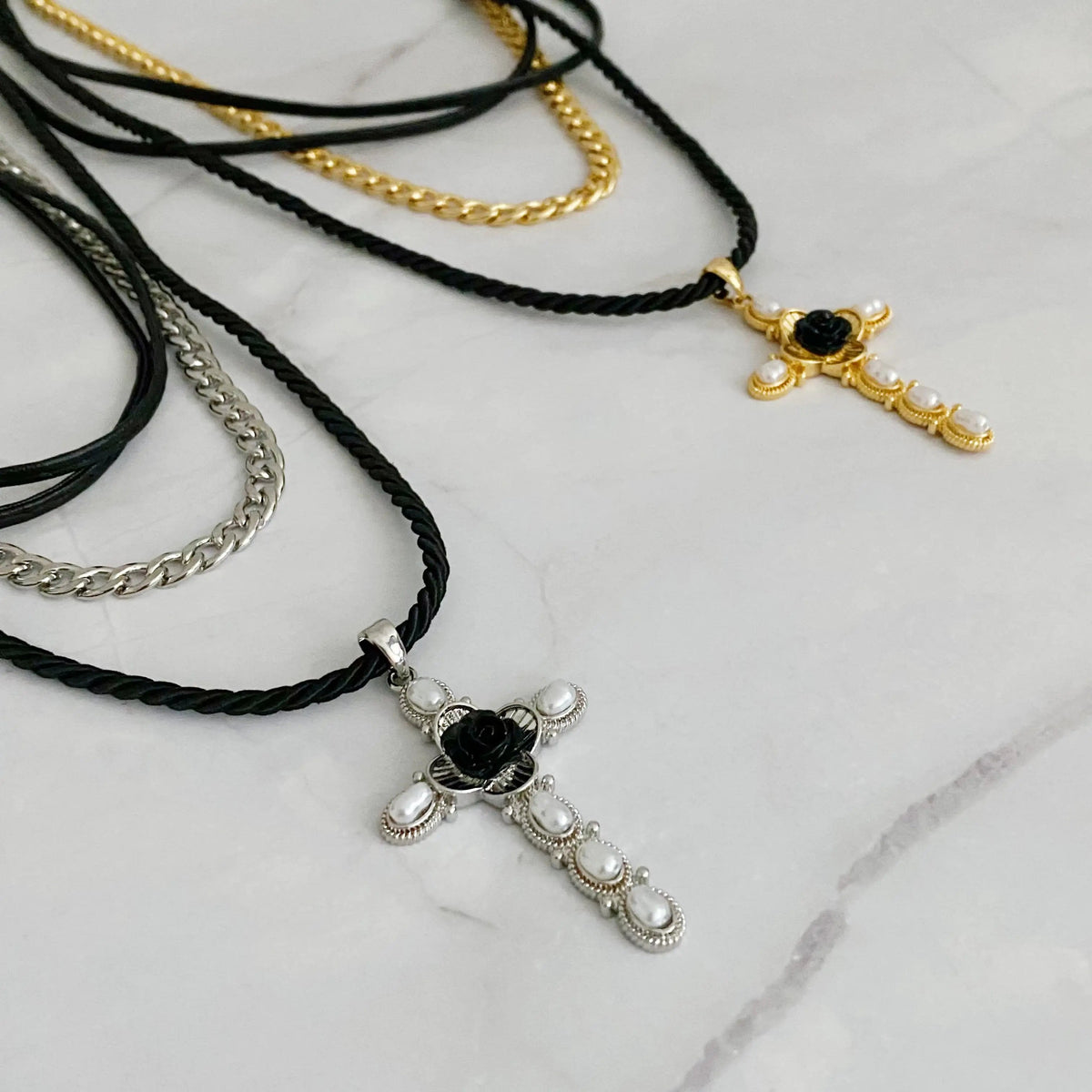 Layered Black Rose Cross Necklace JahSonFire