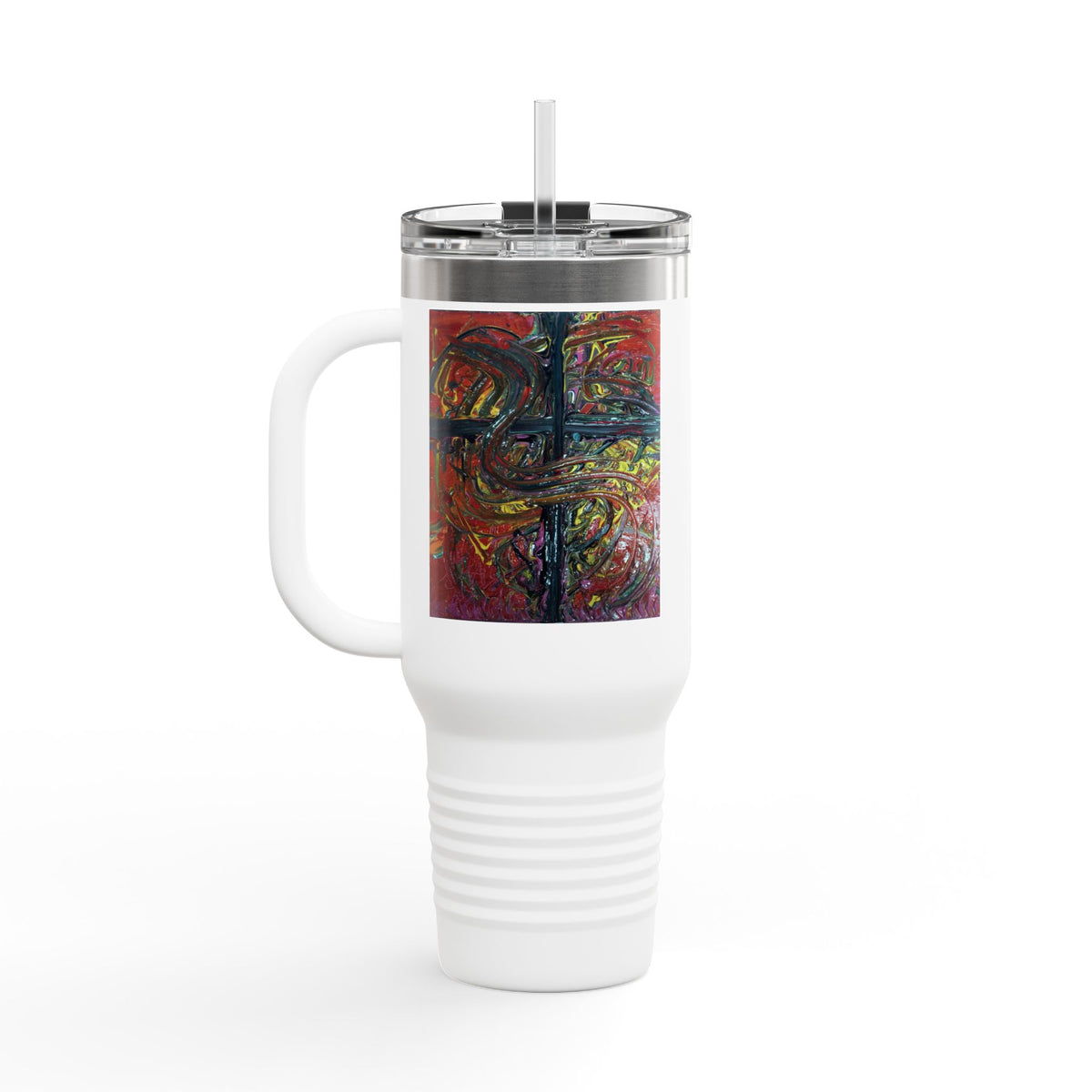 40oz Insulated Travel Mug – Colorful Faith Artwork with 'Jesus' Design