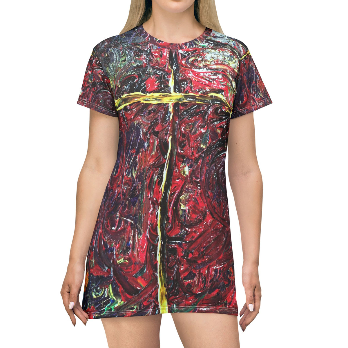Abstract Cross T-Shirt Dress — Bold Red Textured All-Over Print
