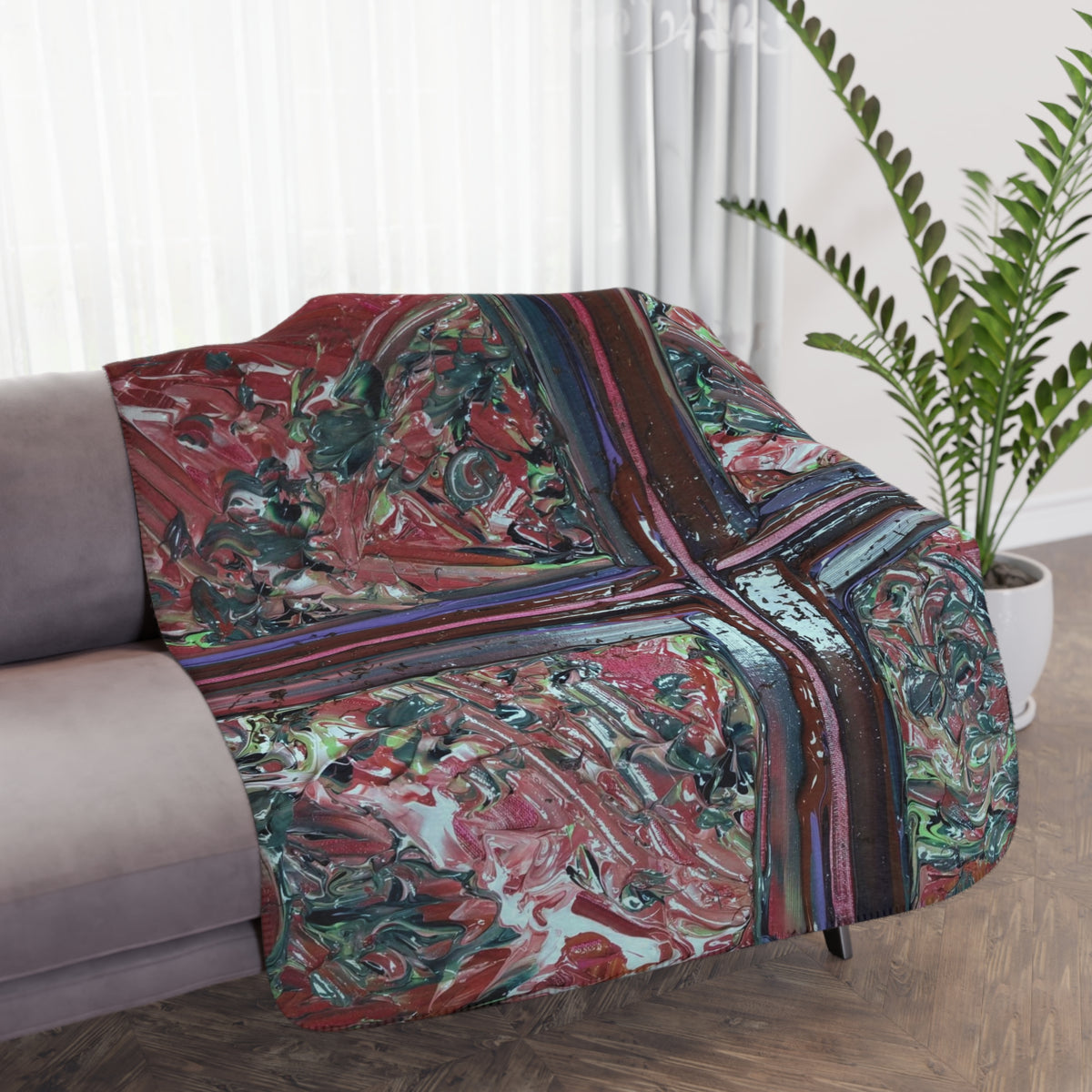 Abstract Cross Art Sherpa Blanket — Cozy Tan Throw with Colorful Textured Painting