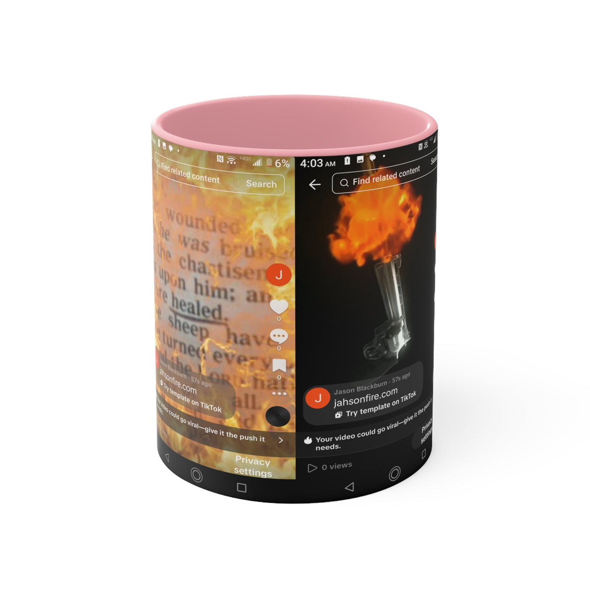 Copy of Pink Accent Mug with Fiery Lighter & Script Collage – Artistic Photo Wrap Coffee Cup