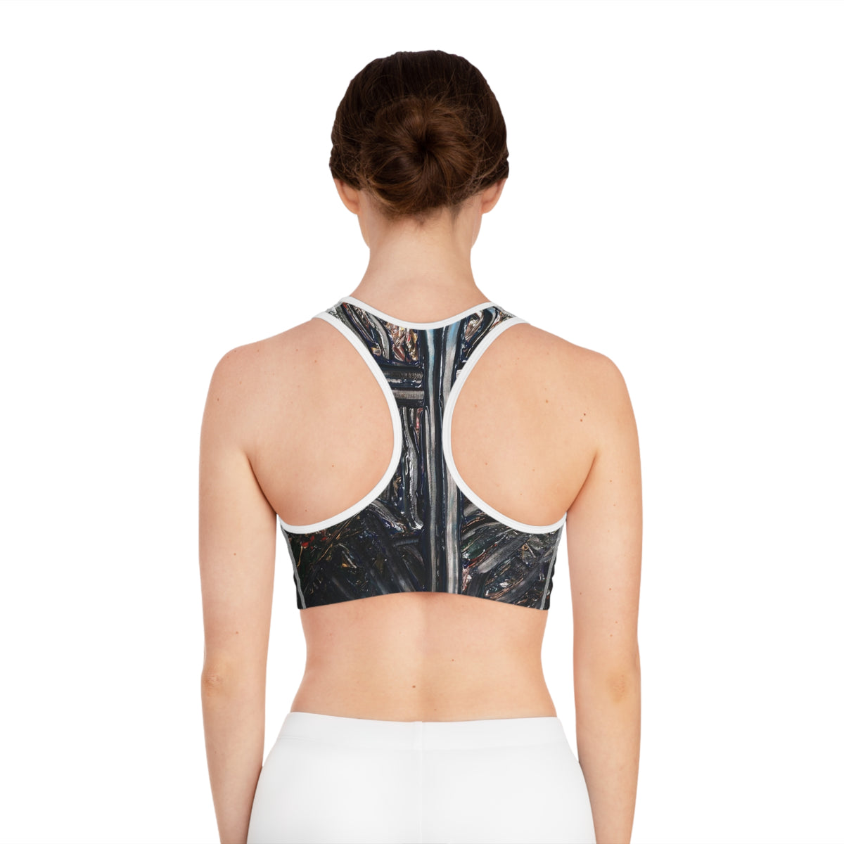 Abstract Metal Texture Sports Bra — Industrial Grunge AOP Activewear
