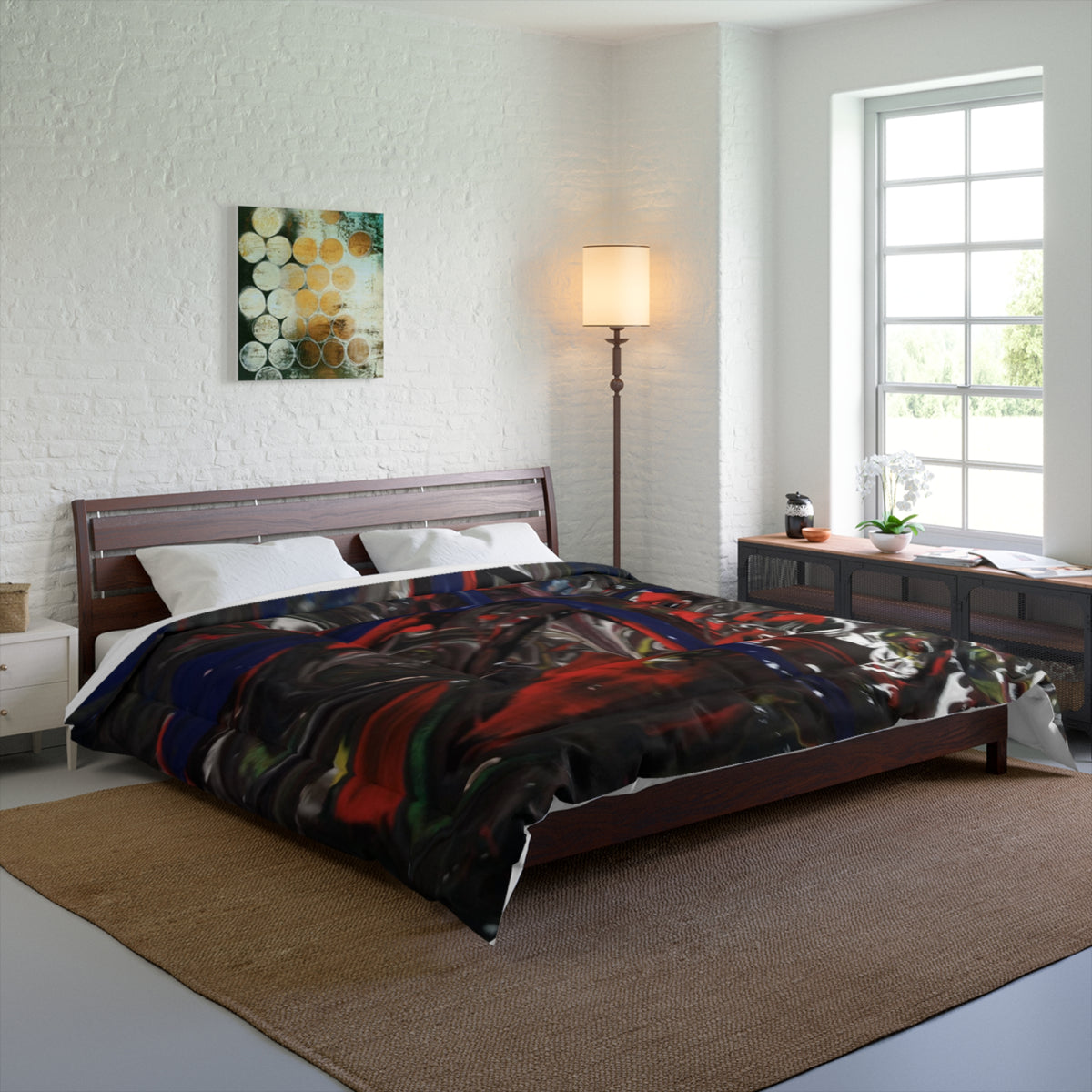 Abstract Nightfall Comforter — Dark Swirl Red & Blue Modern Bedding