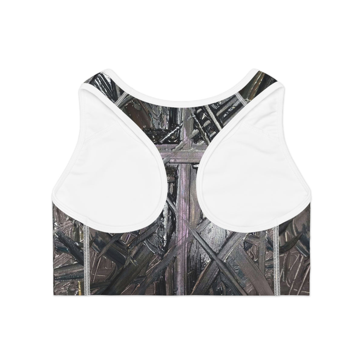 Abstract Charcoal Weave Sports Bra — All-Over-Print Athletic Crop Top