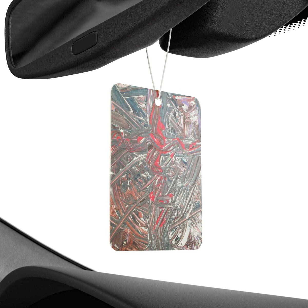 Abstract Metallic Swirls Car Air Freshener — Artistic Red & Silver Scented Hanging Tag