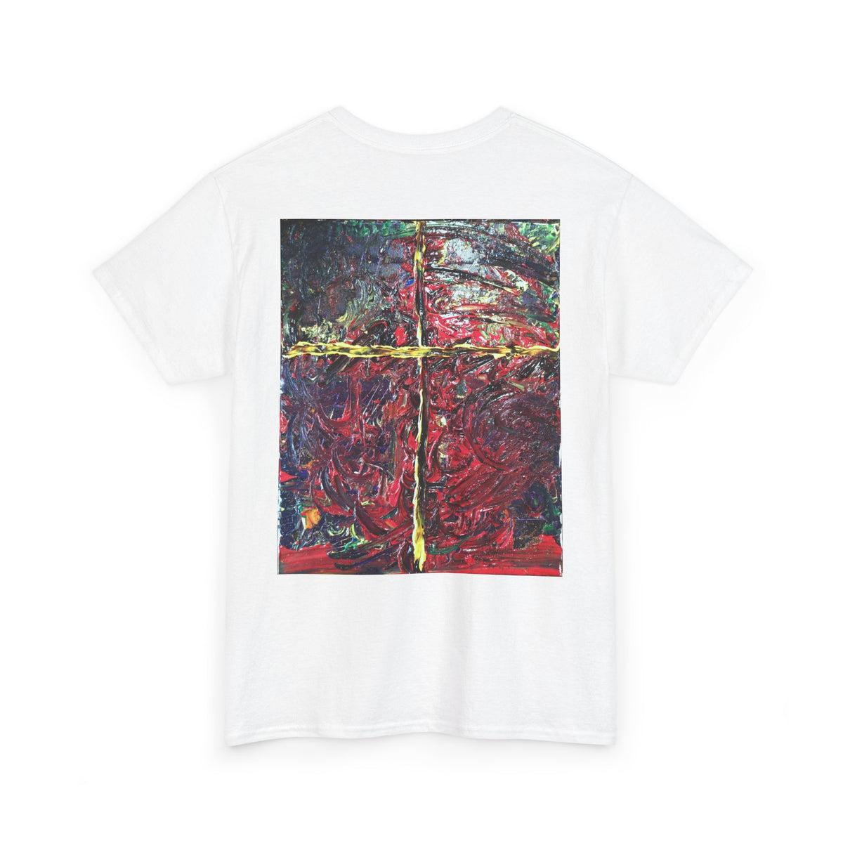 Abstract Cross Painting T-Shirt — Bold Red & Gold Art Tee