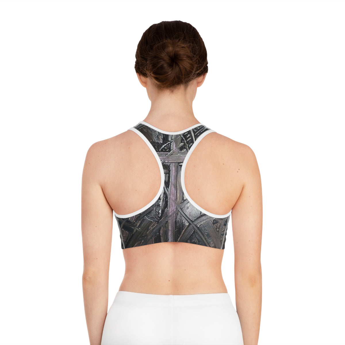 Abstract Charcoal Weave Sports Bra — All-Over-Print Athletic Crop Top