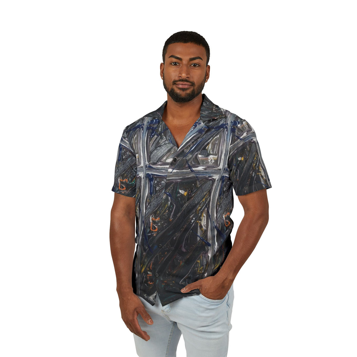 Men's Abstract Black Paint-Swipe Hawaiian Camp Shirt