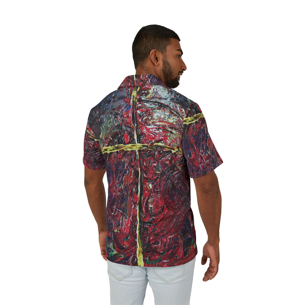 Abstract Red Cross Hawaiian Camp Shirt — Men's Artful AOP Resort Shirt