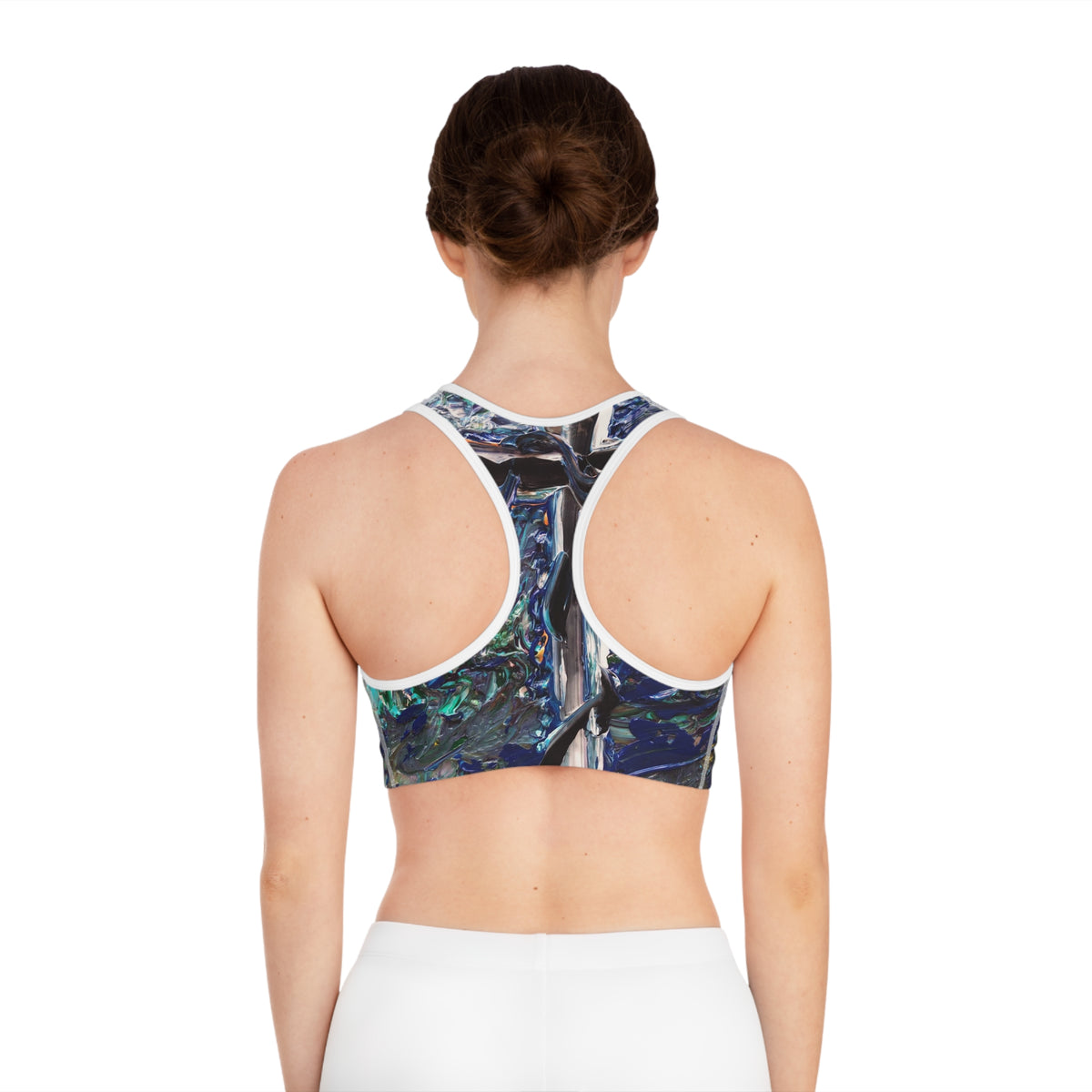 Abstract Ocean Paint Sports Bra — Blue Green Textured All-Over-Print Activewear