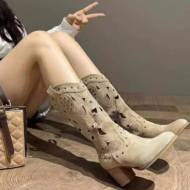 Western Cowboy Boots with Chunky Heel and Embroidery JahSonFire