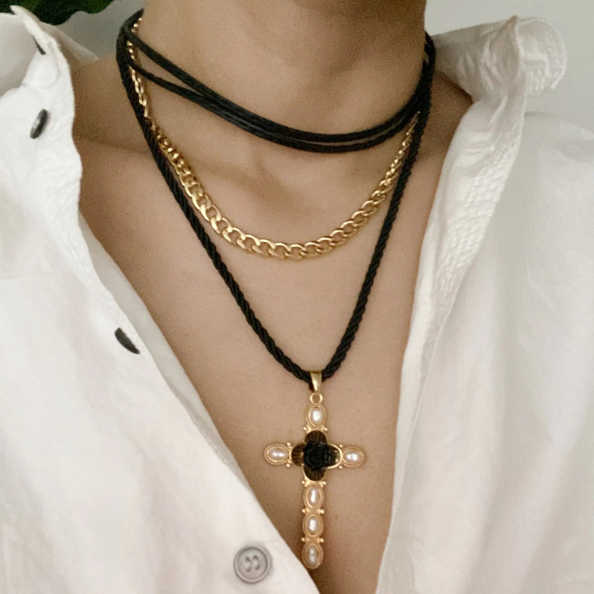 Layered Black Rose Cross Necklace JahSonFire