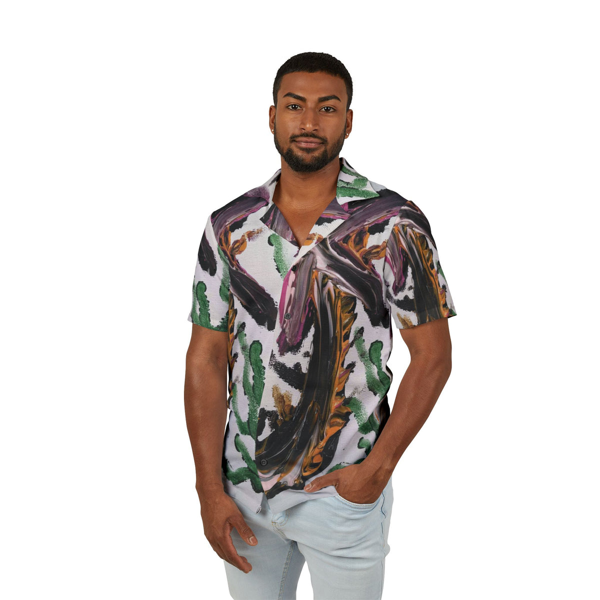 Abstract Tropical Hawaiian Camp Shirt — Painterly Cactus & Brushstroke Print