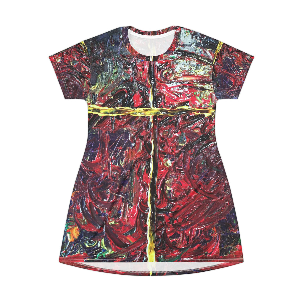 Abstract Cross T-Shirt Dress — Bold Red Textured All-Over Print