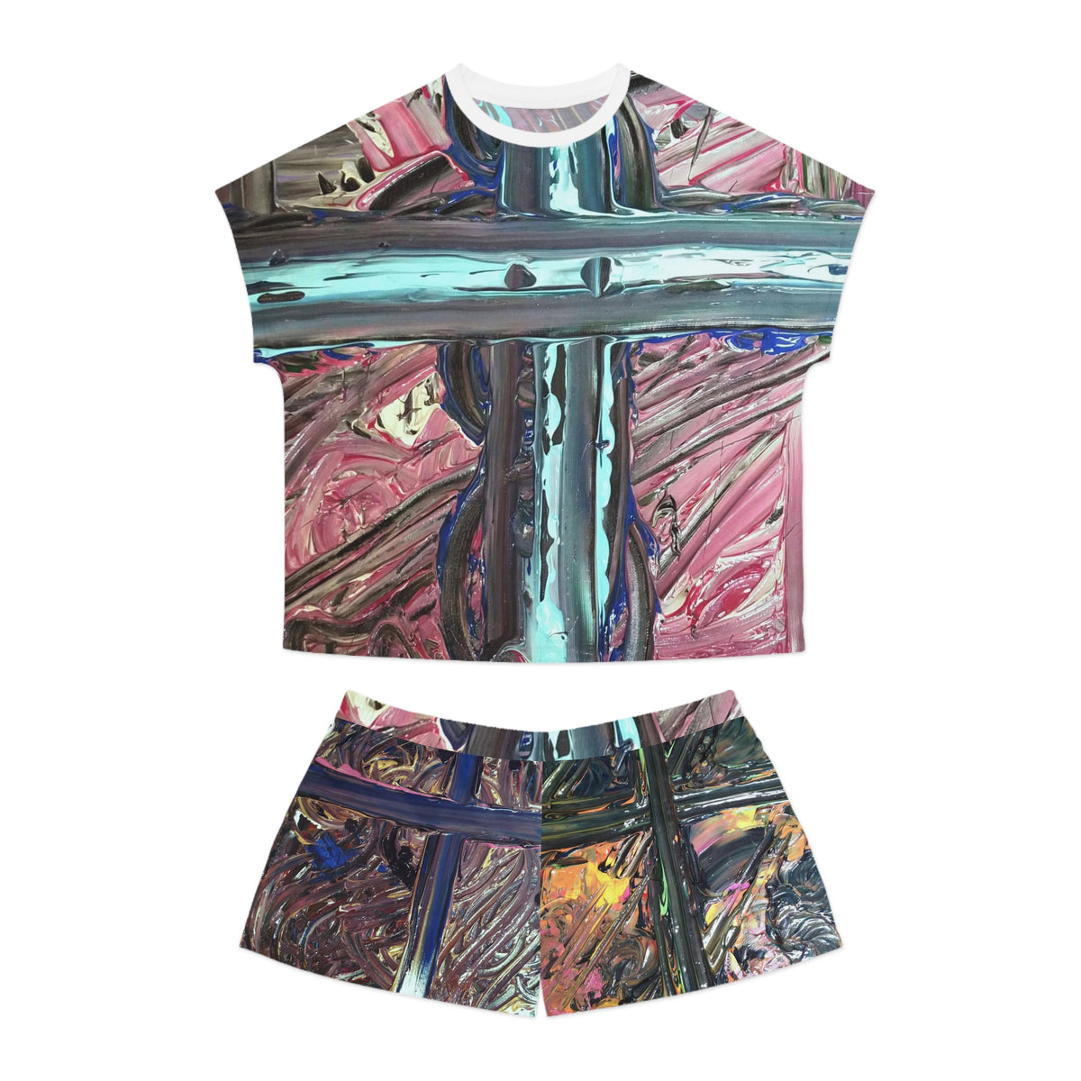 Abstract Cross Brushstroke Women's Pajama Set — Short Sleep Top & Shorts
