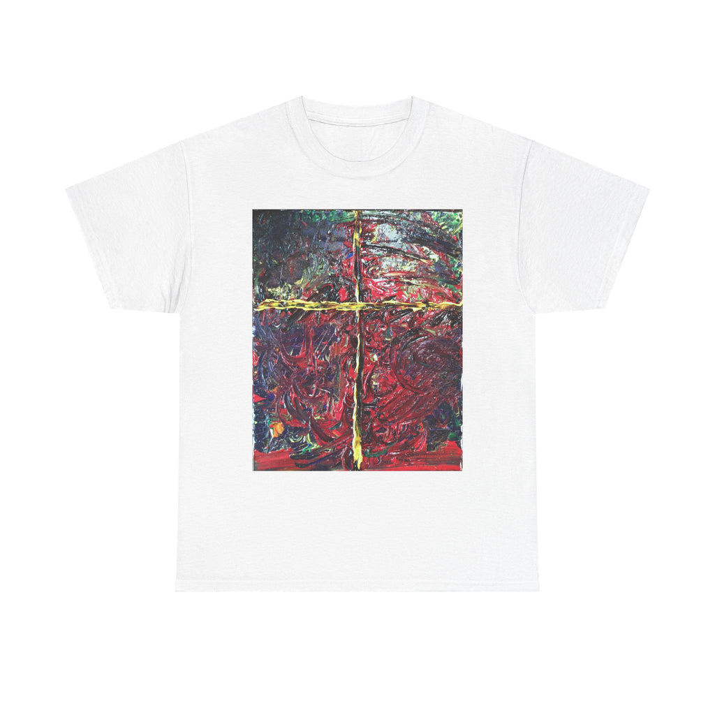Abstract Cross Painting T-Shirt — Bold Red & Gold Art Tee