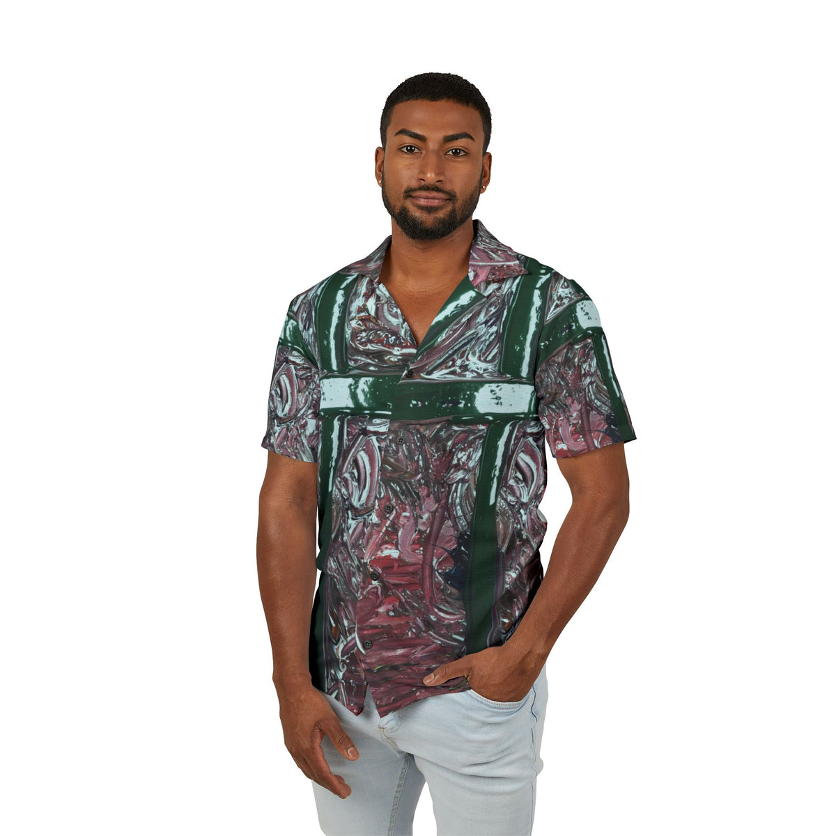 Hawaiian Camp Shirt — Abstract Maroon & Green All-Over Print