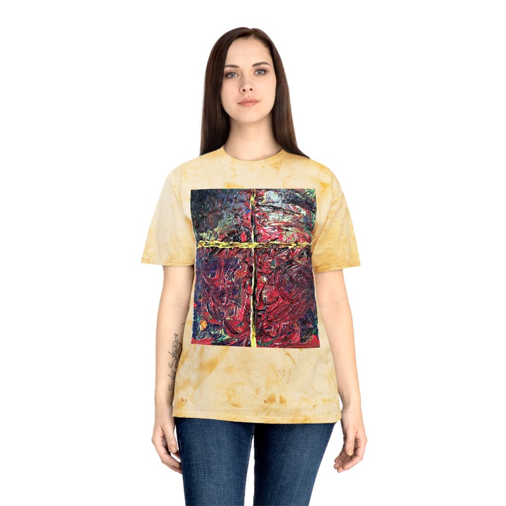 Abstract Color Blast T-Shirt — Textured Red Cross Art Tee