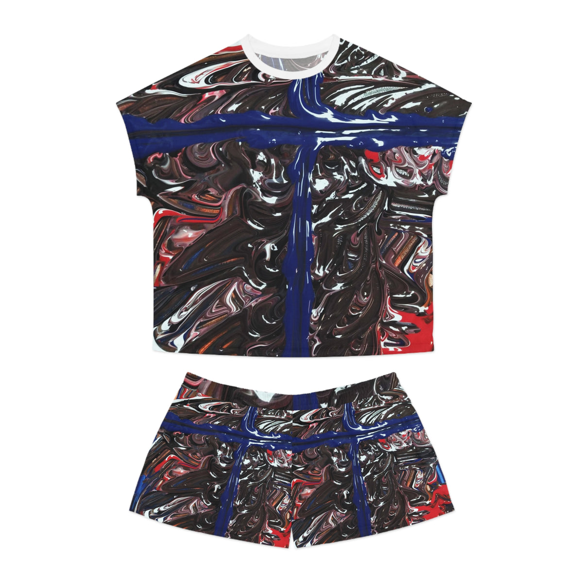Women's Abstract Art Pajama Set — Blue Cross Swirl Print Shorts Set