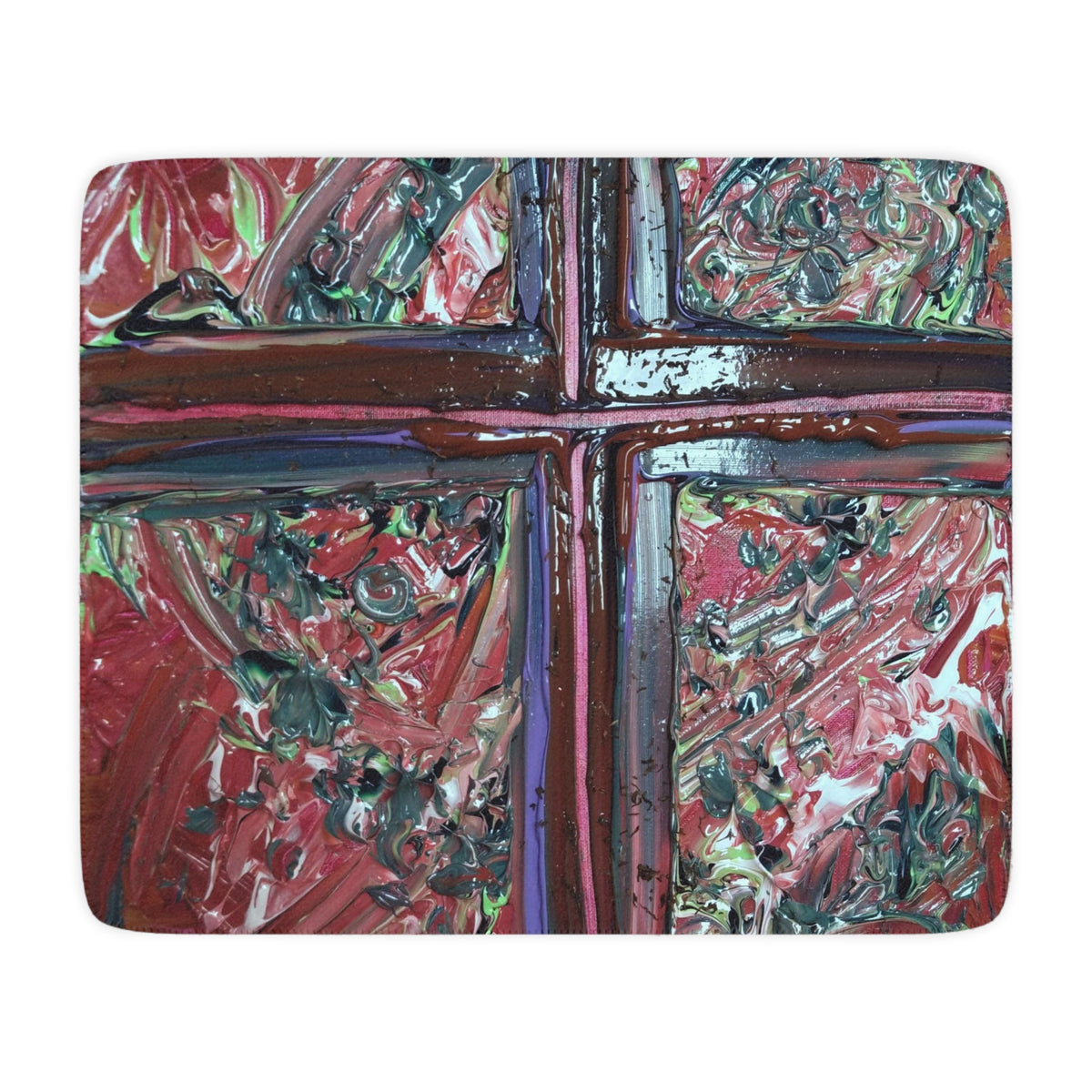 Abstract Cross Art Sherpa Blanket — Cozy Tan Throw with Colorful Textured Painting