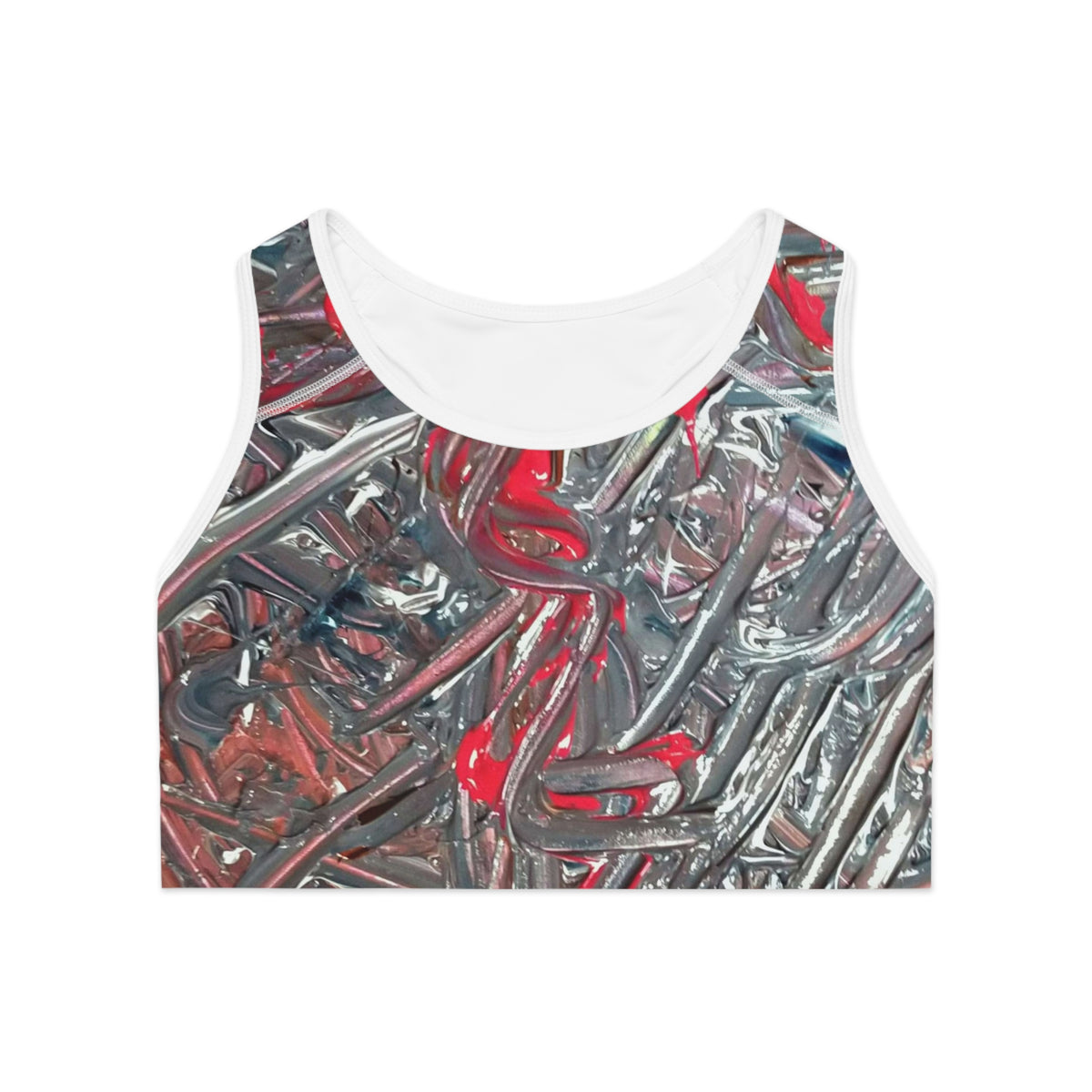 Abstract Red & Silver Athletic Sports Bra – All-Over Print