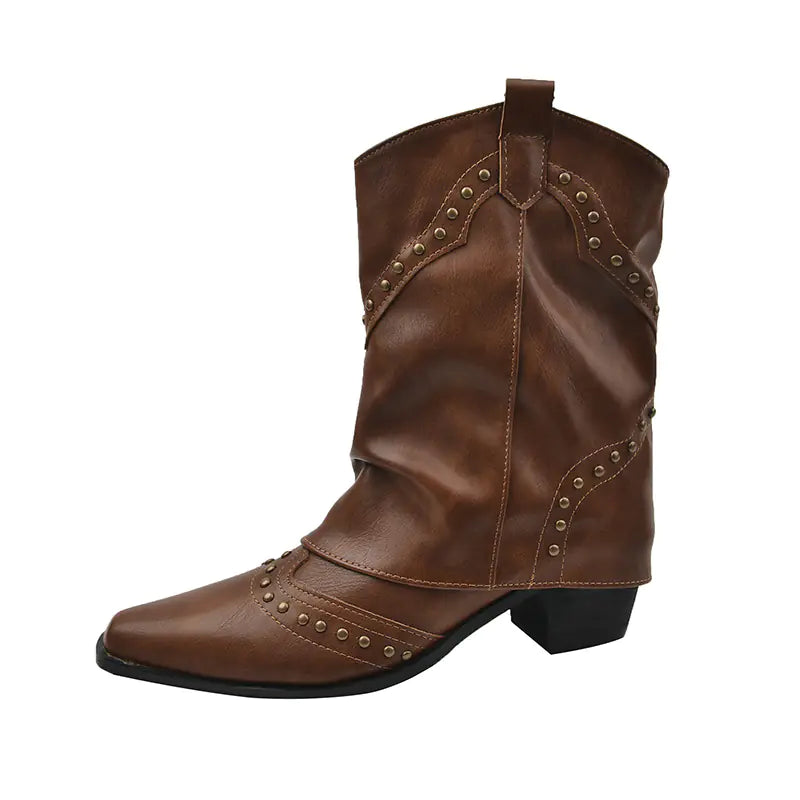 Fashionable Women's Mid-Heeled Rivet Cowboy Boots JahSonFire