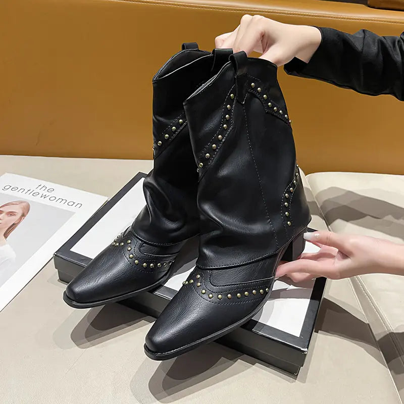 Fashionable Women's Mid-Heeled Rivet Cowboy Boots JahSonFire