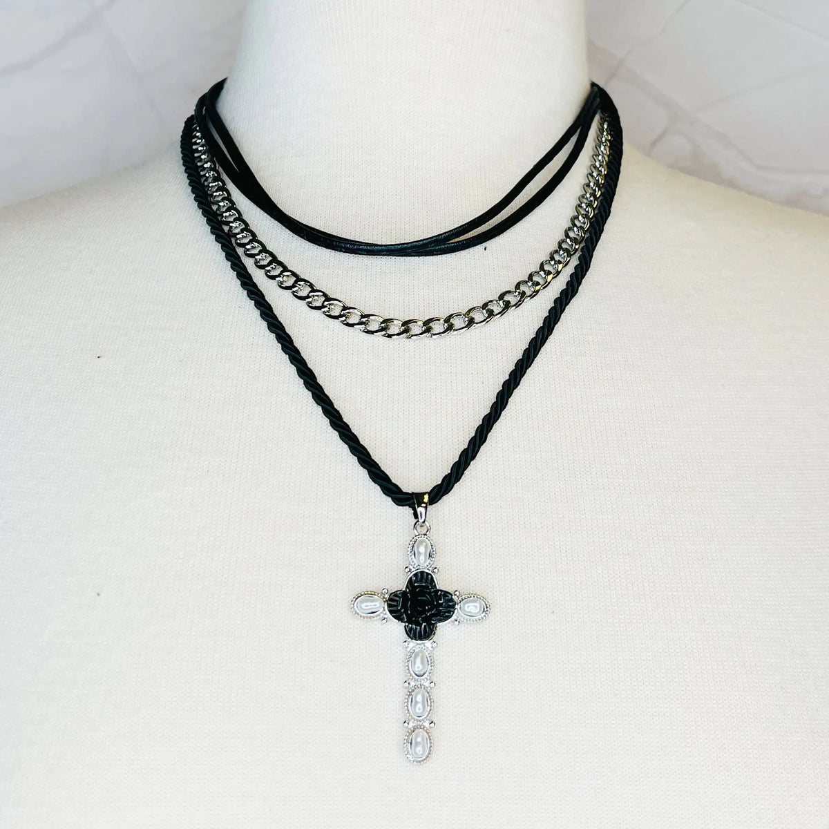 Layered Black Rose Cross Necklace JahSonFire