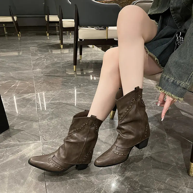 Fashionable Women's Mid-Heeled Rivet Cowboy Boots JahSonFire