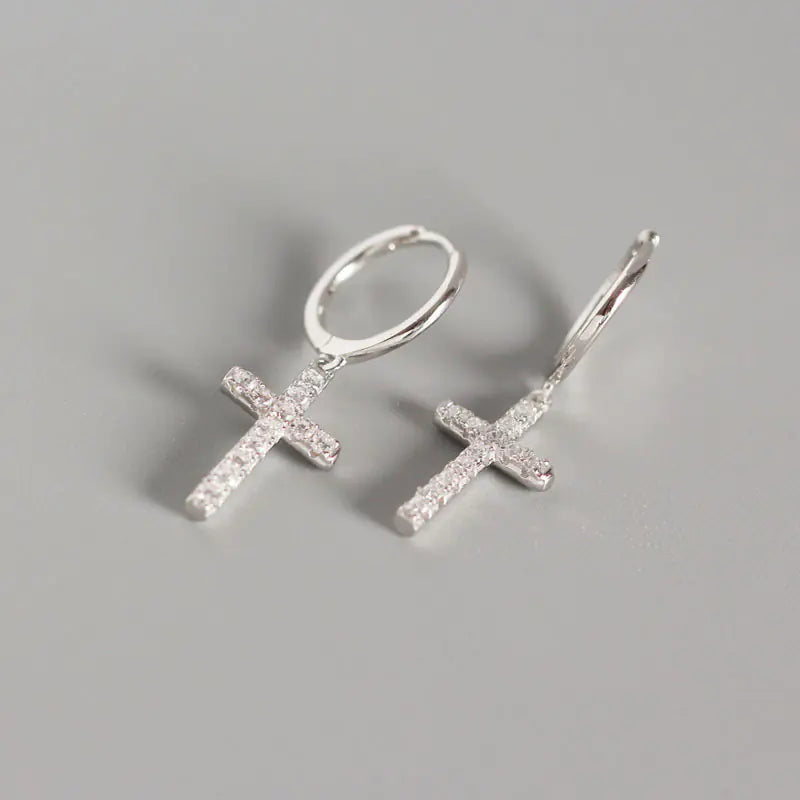 YHE0111 S925 Silver Cross Earrings with Diamonds JahSonFire