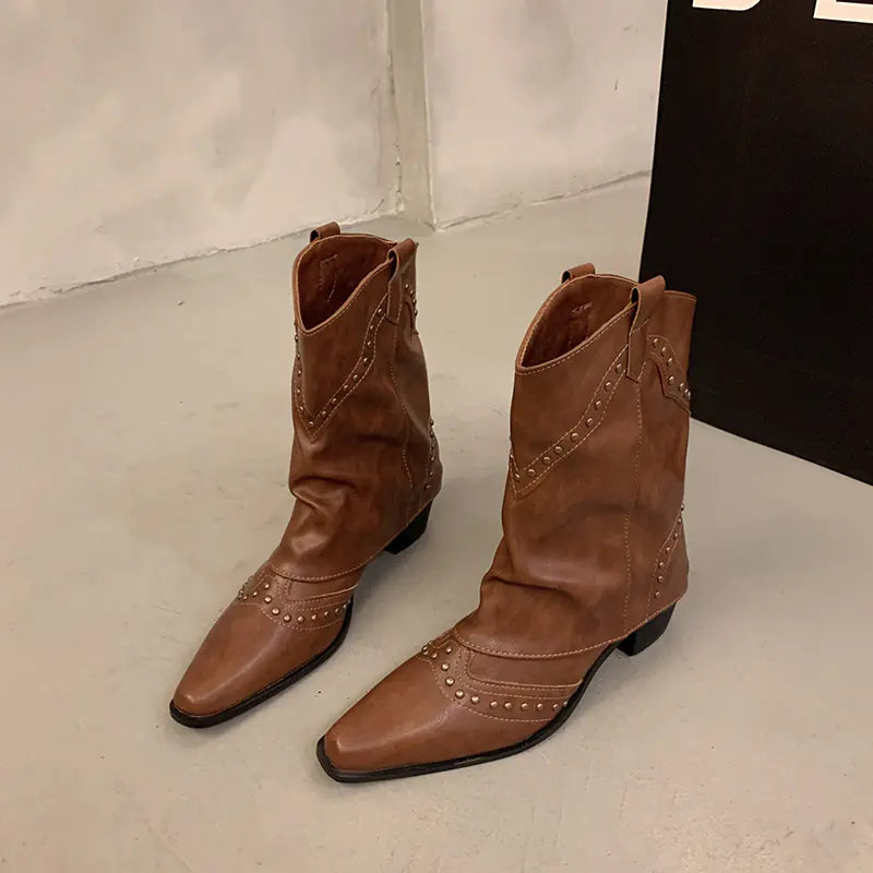 Fashionable Women's Mid-Heeled Rivet Cowboy Boots JahSonFire