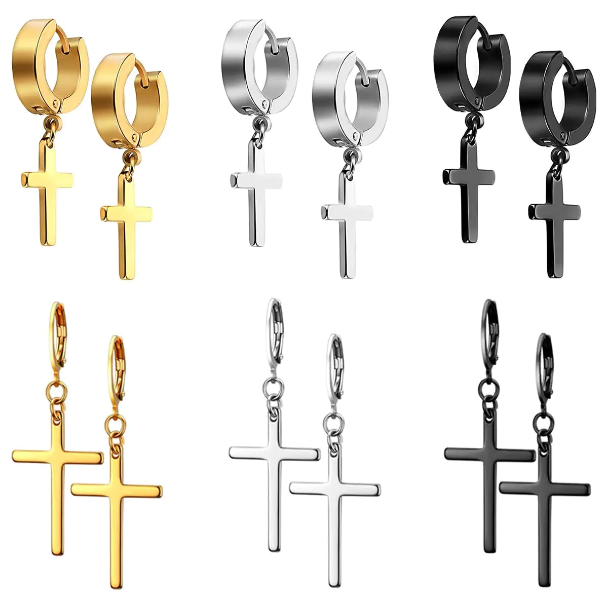 JELIEE 6 Pairs Cross Earrings Crucifix Drop Earrings Jewelry Dangle Hinged Earrings Stainless Steel Cross Hoop Earrings Stud Earrings Black Silver Gold Earrings for Men and Women JahSonFire