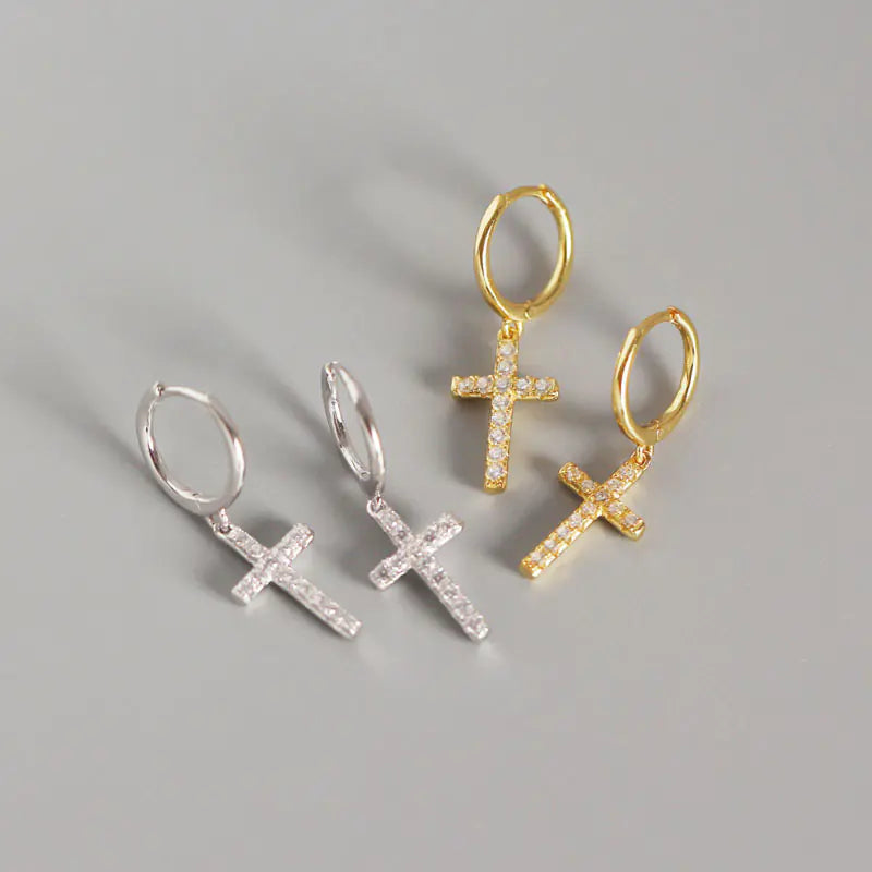 YHE0111 S925 Silver Cross Earrings with Diamonds JahSonFire