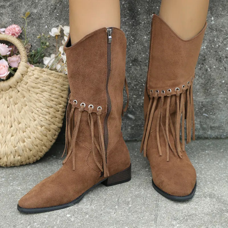 Women's Mid-Calf Retro Cowboy Boots with Tassels JahSonFire