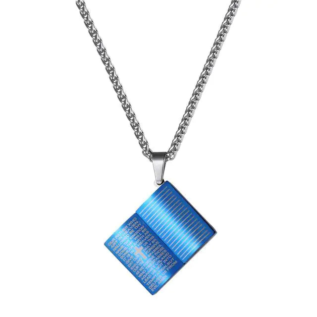 Jesus Blue Holy Bible Pendant Necklace in Stainless Steel JahSonFire