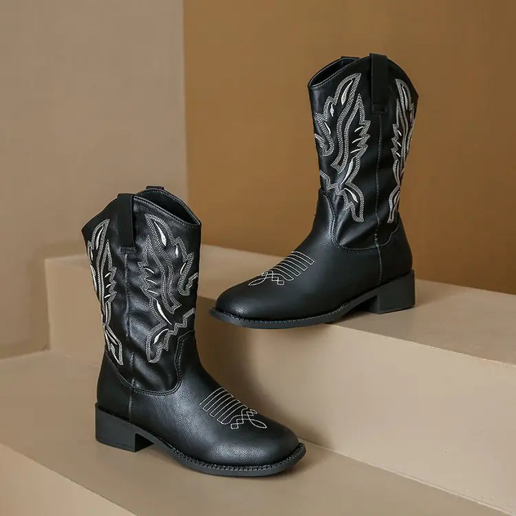 Women's Embroidered V Cut Cowboy Boots - Retro Style JahSonFire