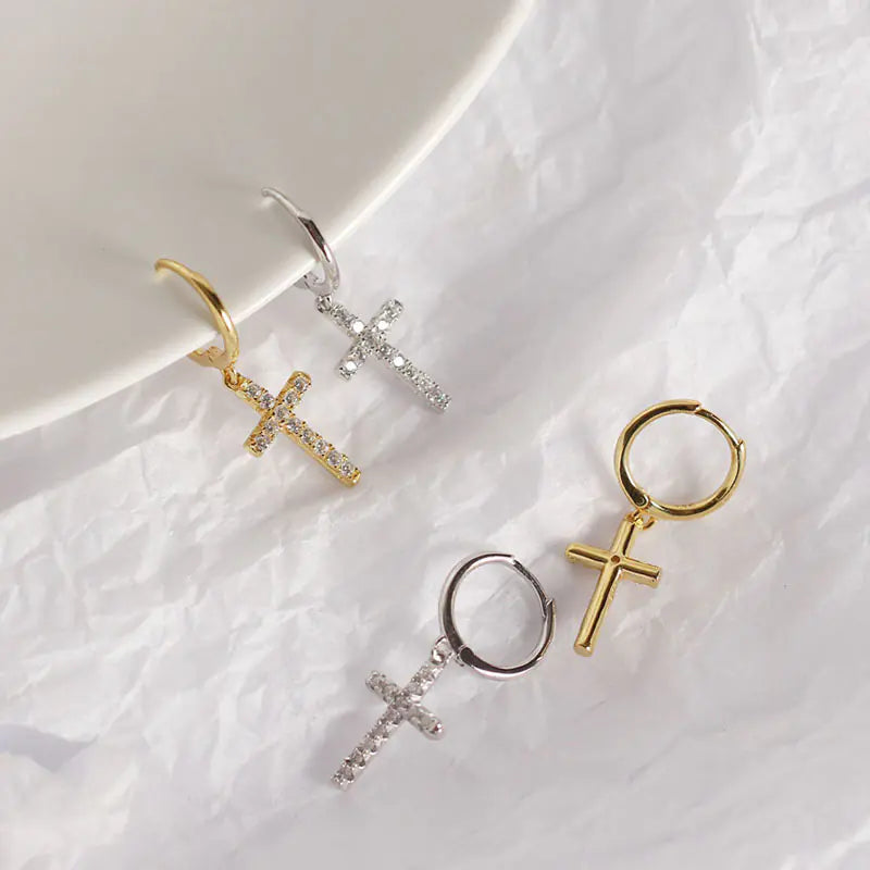 YHE0111 S925 Silver Cross Earrings with Diamonds JahSonFire