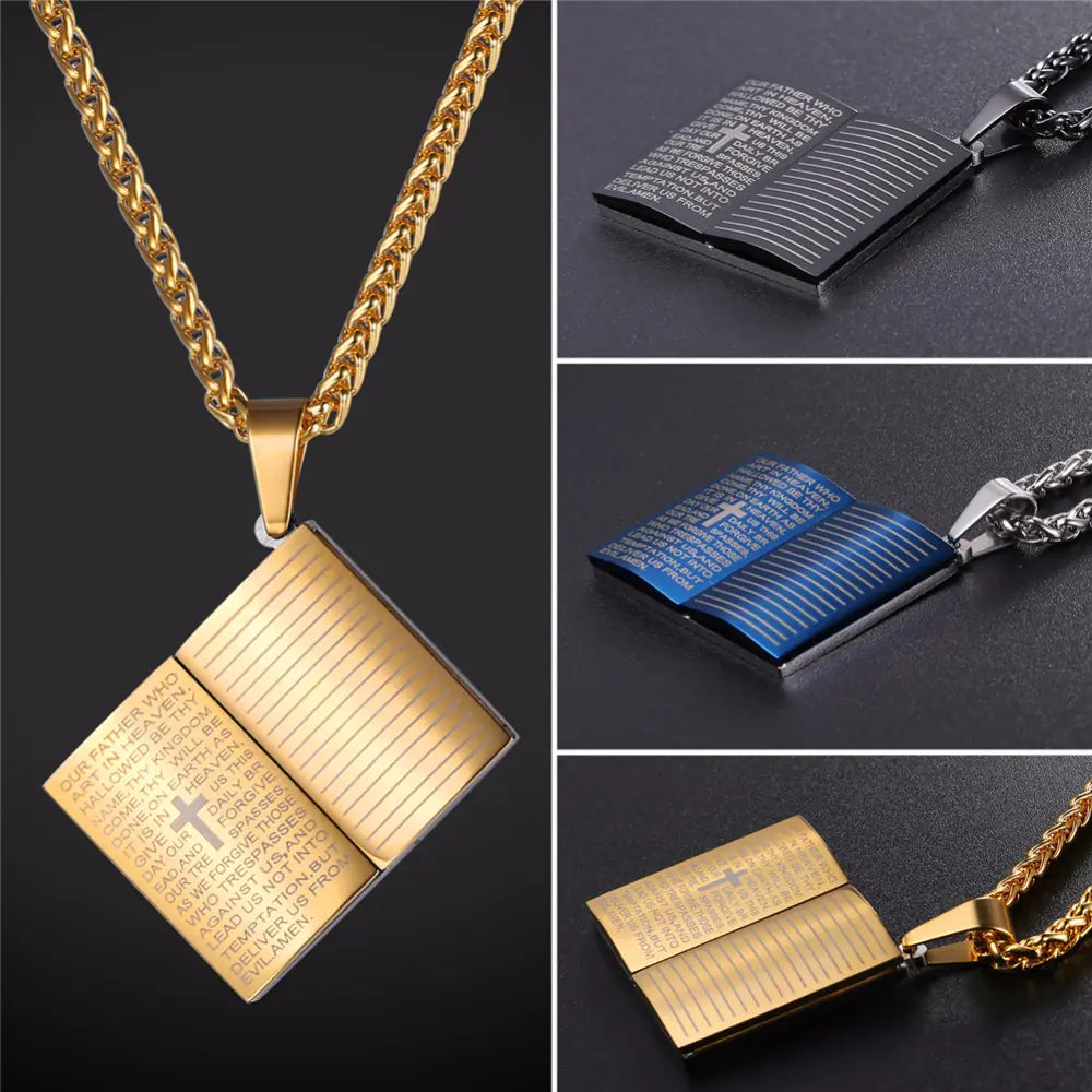 Jesus Blue Holy Bible Pendant Necklace in Stainless Steel JahSonFire