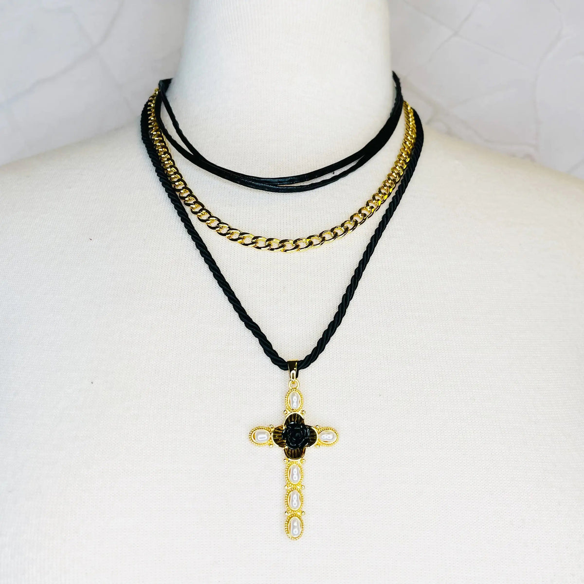 Layered Black Rose Cross Necklace JahSonFire