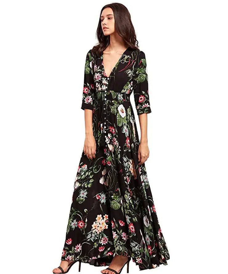 Bohemian Maxi Dresses with Button Floral Design JahSonFire