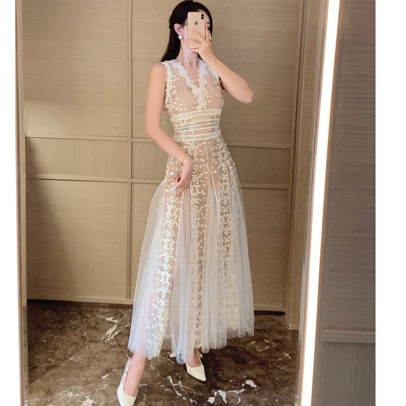 Embroidered Waistband Mesh White Dress